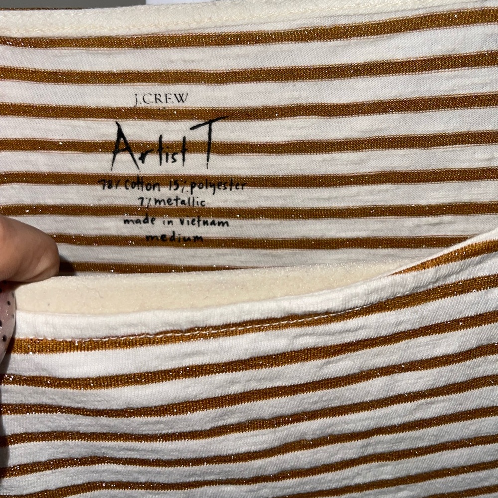 J. Crew Gold Metallic White Striped Long Sleeve Tee Boat Neck Lightweight - Picture 2 of 5